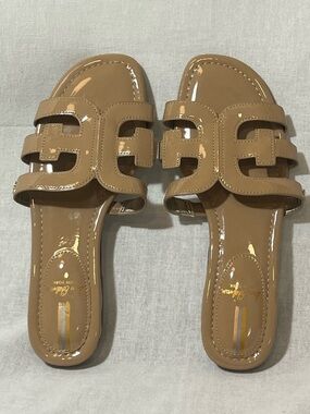 Sam Edelman Bay Patent Leather Slide Sandals Women’s 8 Almond Tan Pool Vacation
